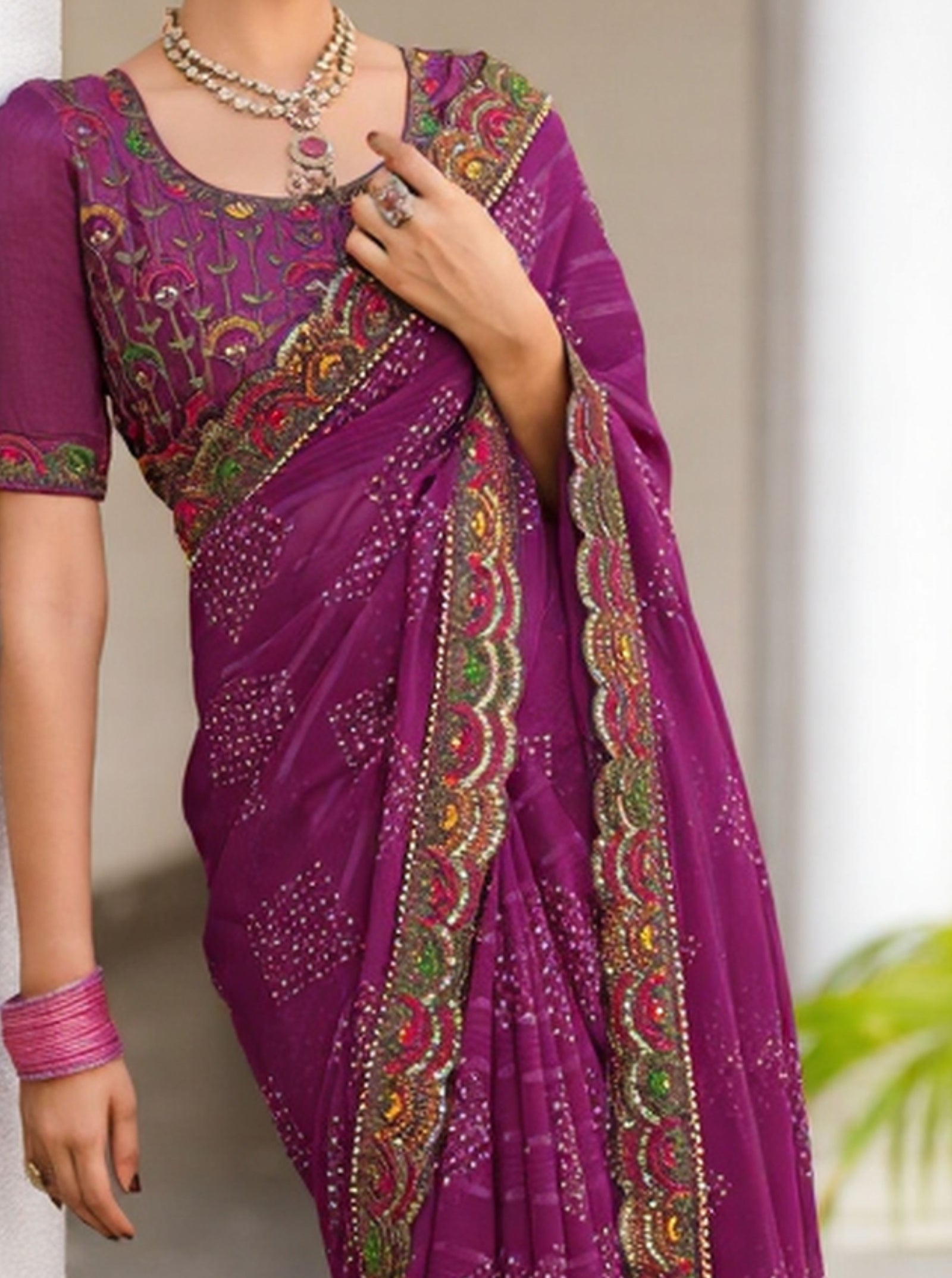Georgette Saree with Embroidered border & Blouse (Magenta)