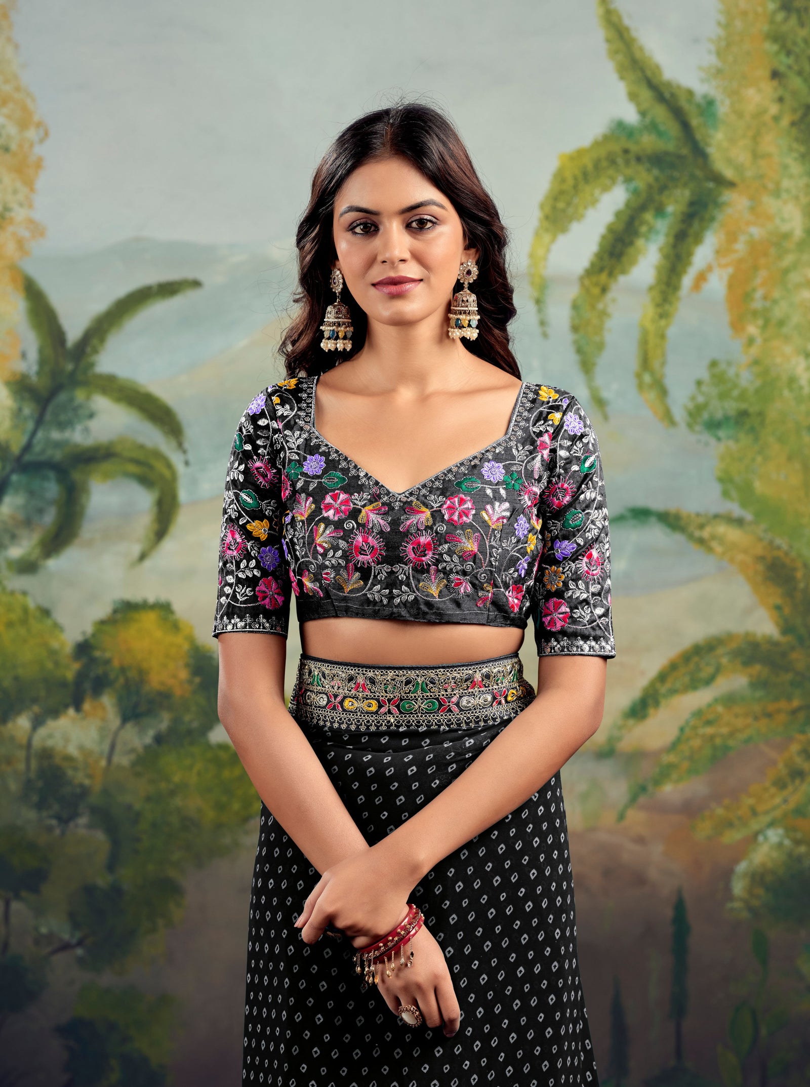 Heavy Raw Silk Saree with Embroidered Blouse (Black)