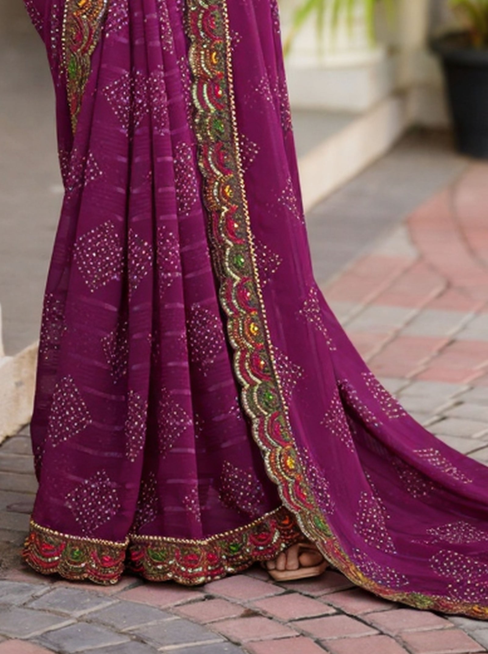 Georgette Saree with Embroidered border & Blouse (Magenta)