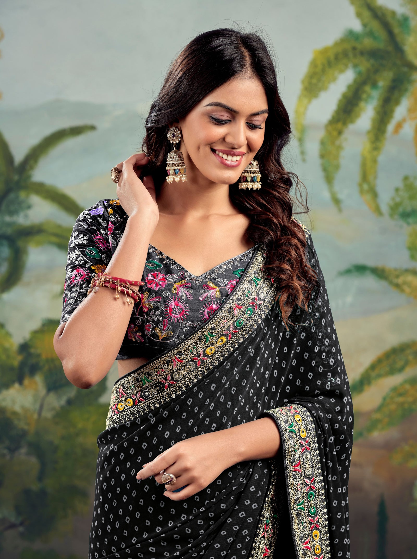 Heavy Raw Silk Saree with Embroidered Blouse (Black)