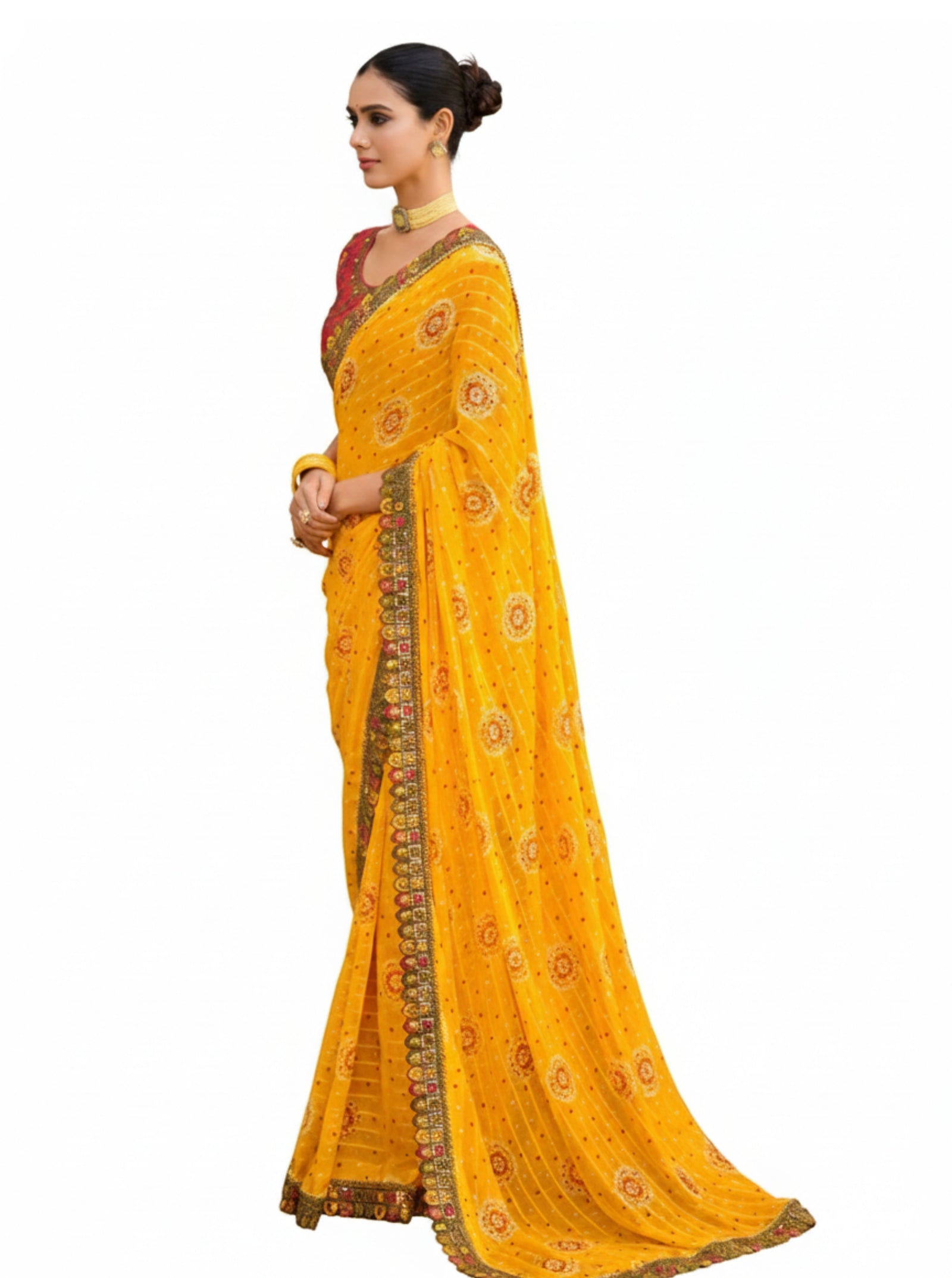 Georgette Saree with Embroidered border & Blouse (Yellow)