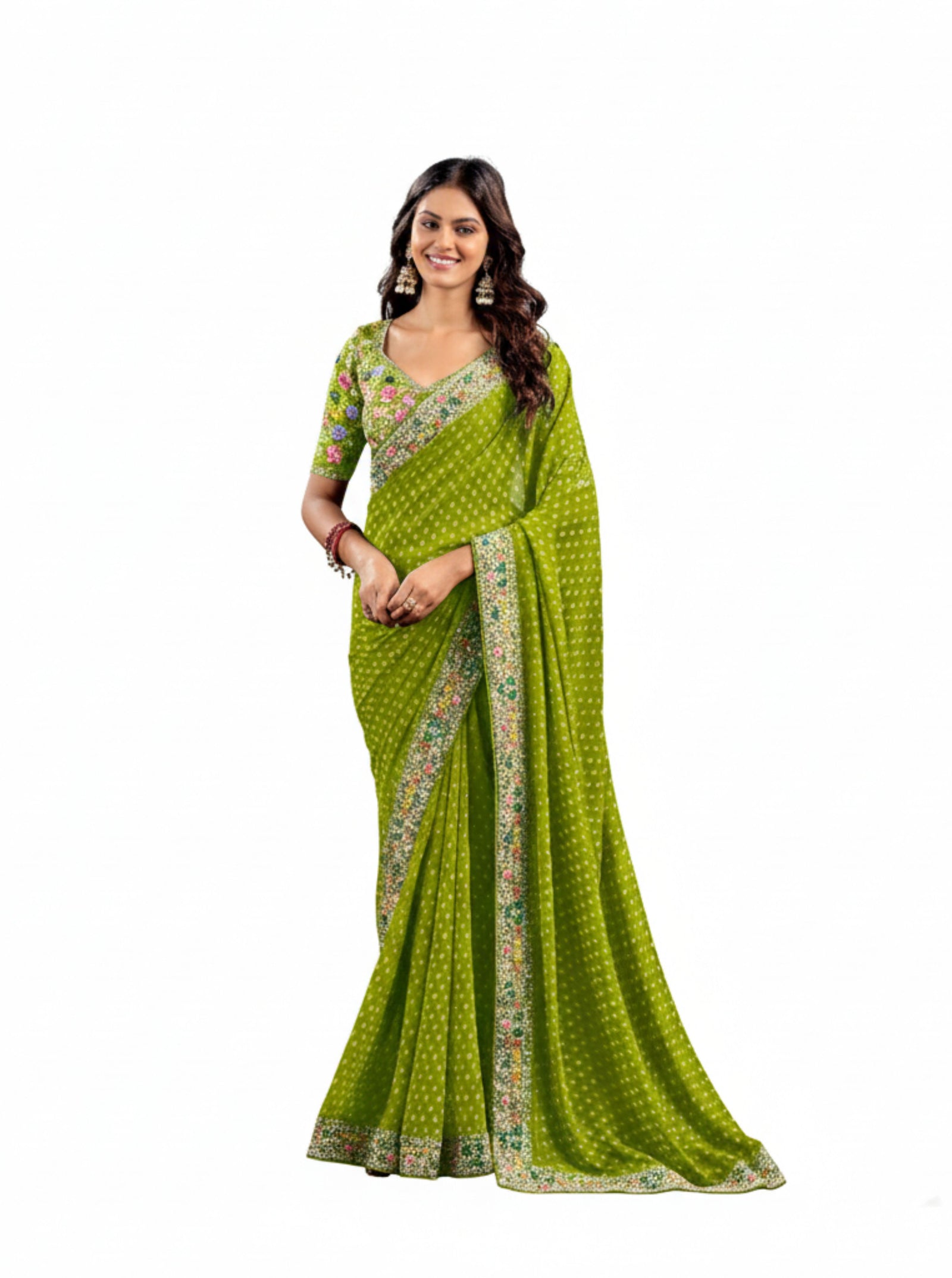 Heavy Raw Silk Saree with Embroidered Blouse (Lime Green)