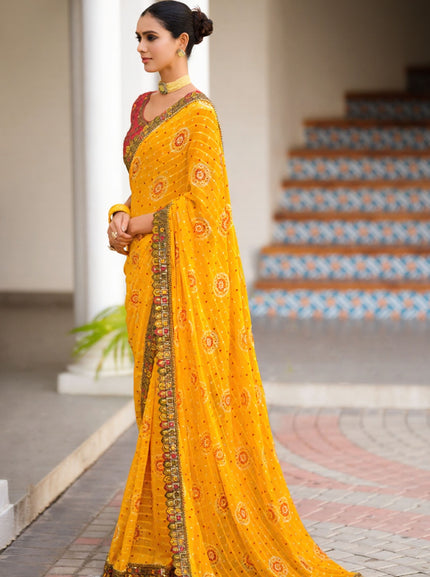Georgette Saree with Embroidered border & Blouse (Yellow)