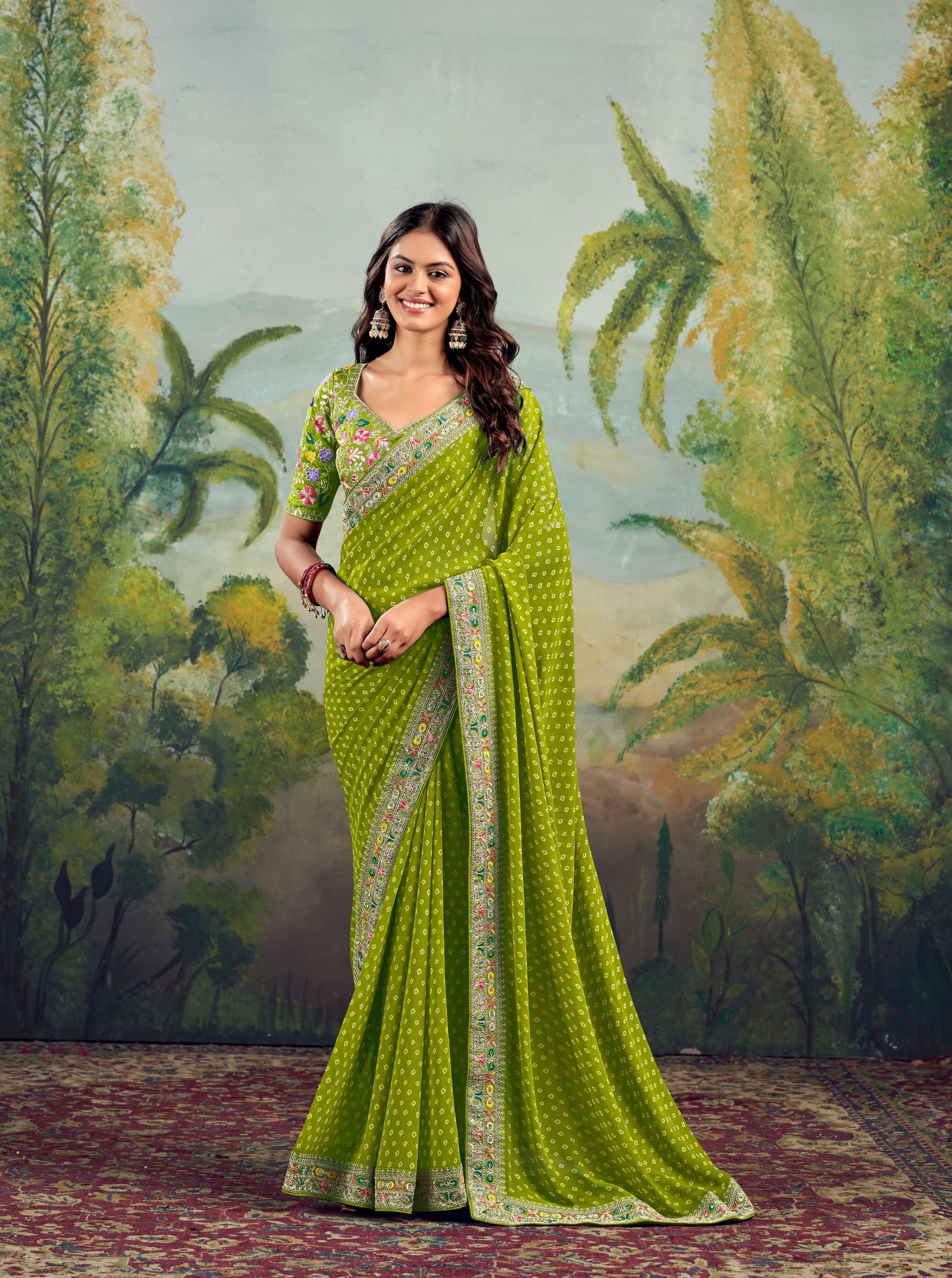 Heavy Raw Silk Saree with Embroidered Blouse (Lime Green)