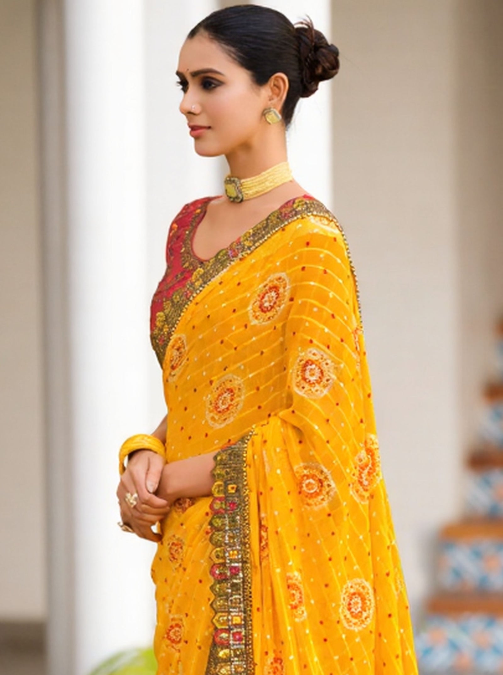 Georgette Saree with Embroidered border & Blouse (Yellow)