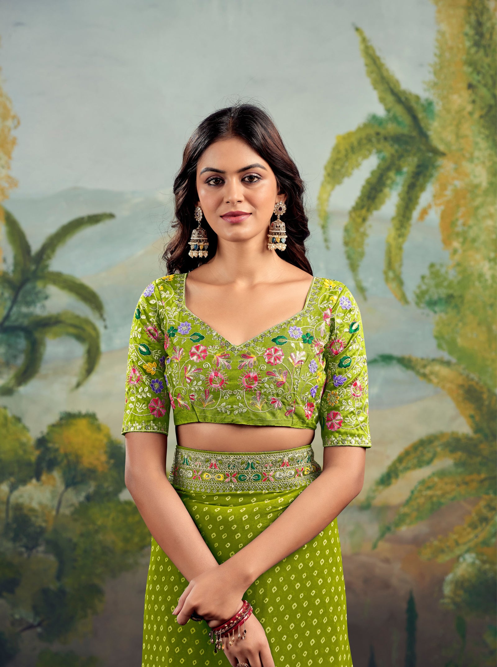 Heavy Raw Silk Saree with Embroidered Blouse (Lime Green)