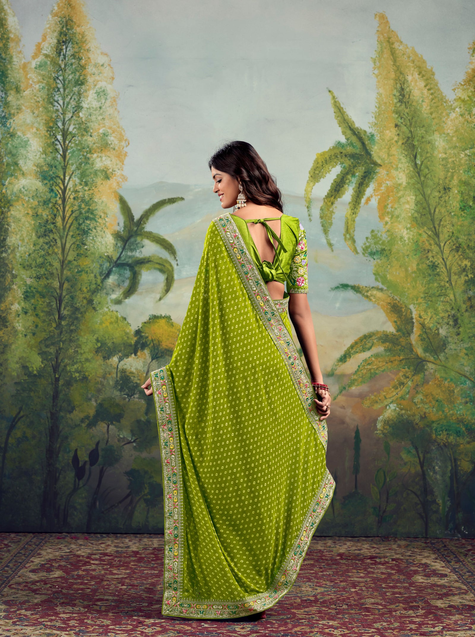 Heavy Raw Silk Saree with Embroidered Blouse (Lime Green)