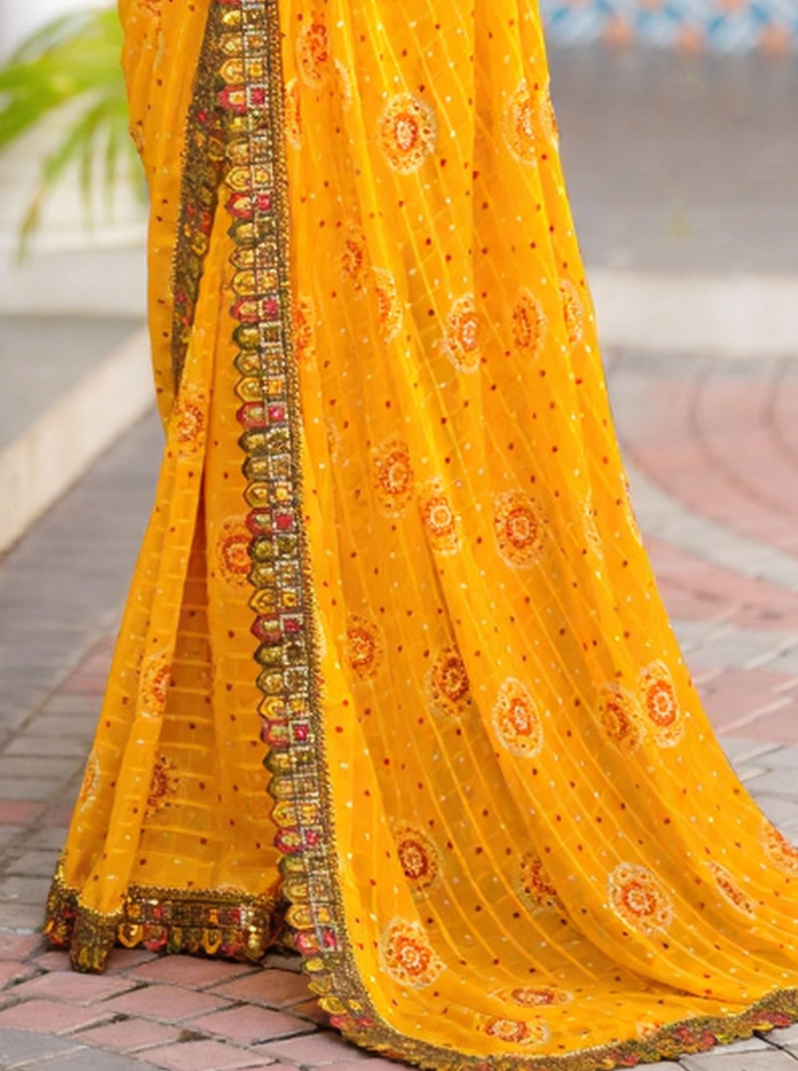 Georgette Saree with Embroidered border & Blouse (Yellow)