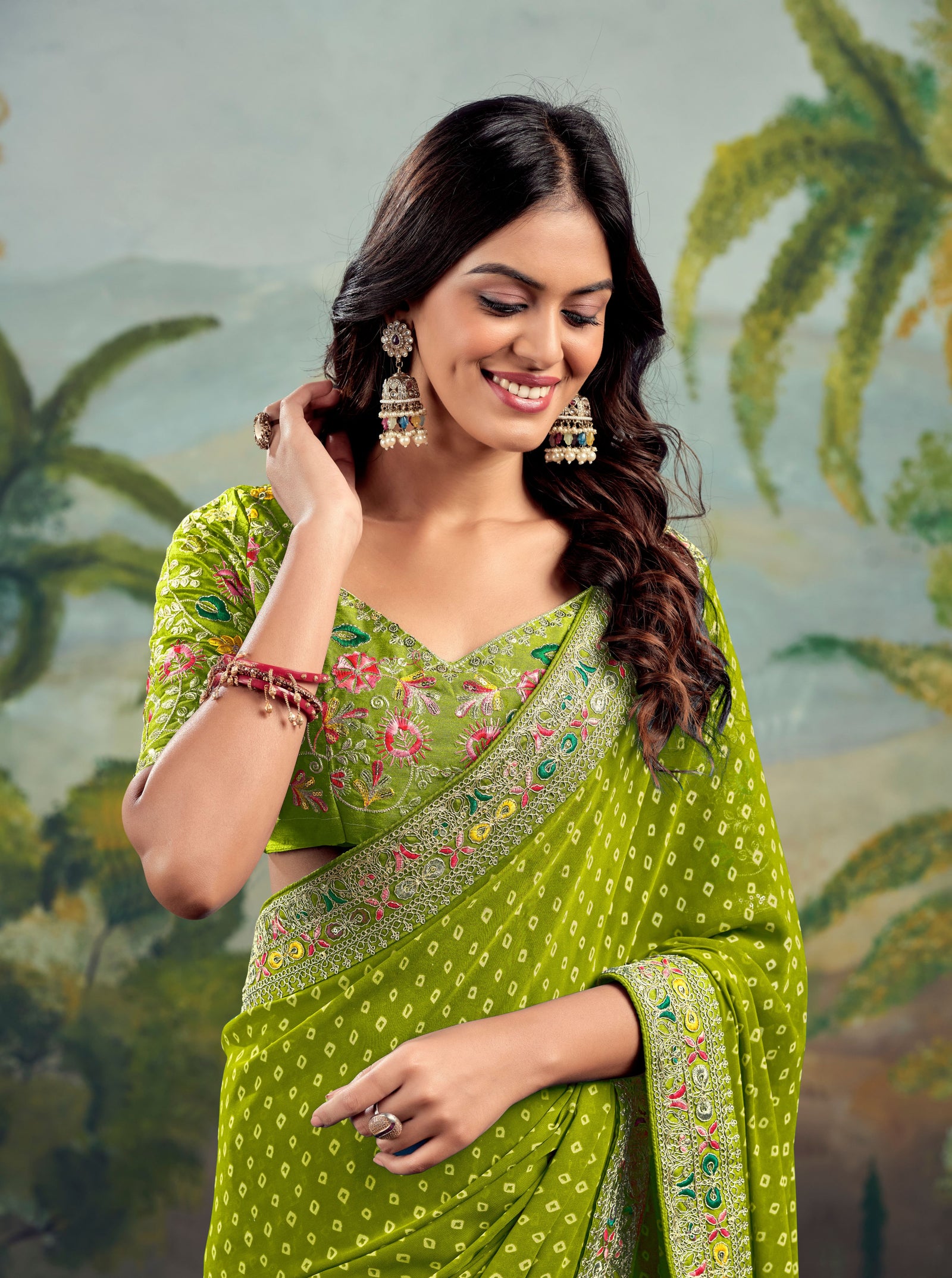 Heavy Raw Silk Saree with Embroidered Blouse (Lime Green)