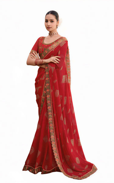 Georgette Saree with Embroidered border & Blouse (Red)