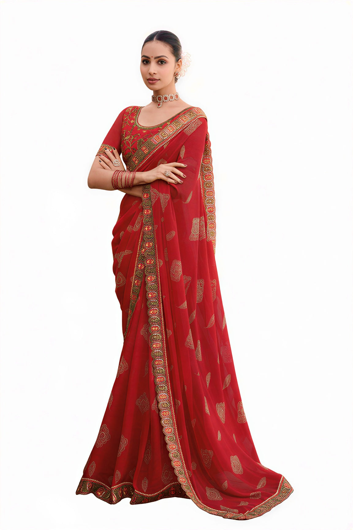 Georgette Saree with Embroidered border & Blouse (Red)