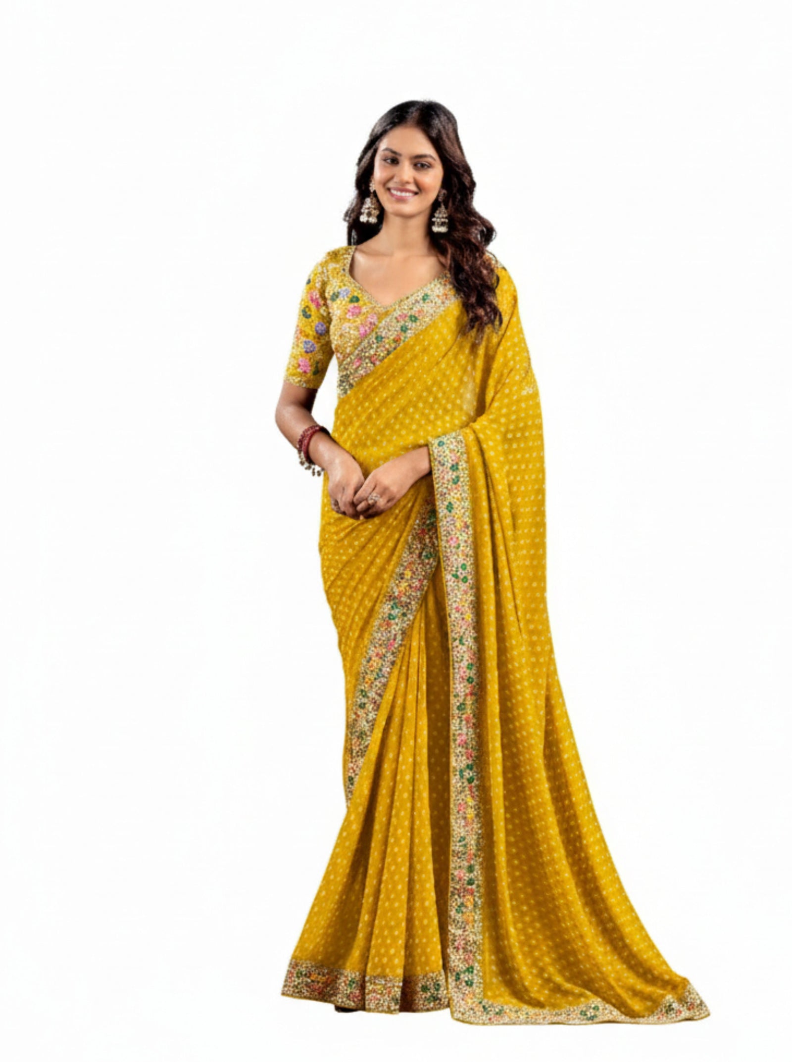 Heavy Raw Silk Saree with Embroidered Blouse (Yellow)