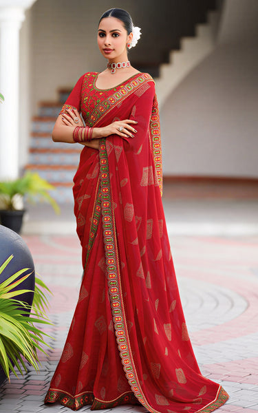 Georgette Saree with Embroidered border & Blouse (Red)