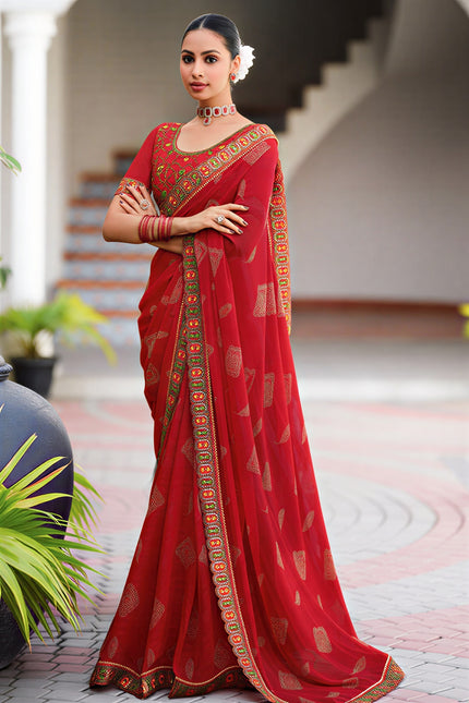 Georgette Saree with Embroidered border & Blouse (Red)