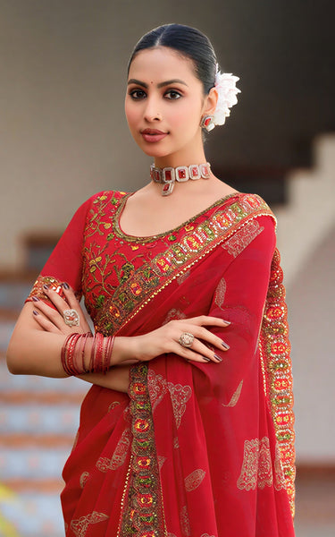 Georgette Saree with Embroidered border & Blouse (Red)
