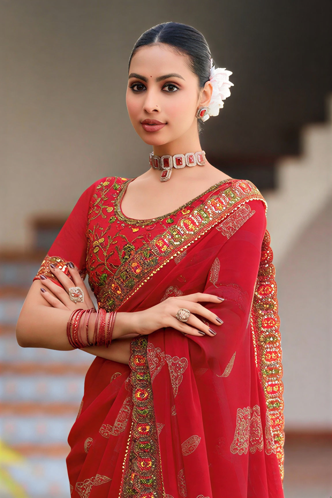 Georgette Saree with Embroidered border & Blouse (Red)