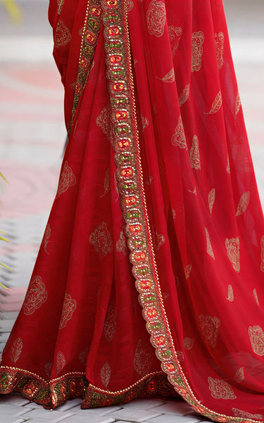 Georgette Saree with Embroidered border & Blouse (Red)