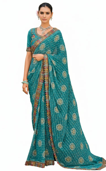 Georgette Saree with Embroidered border & Blouse (Teal)