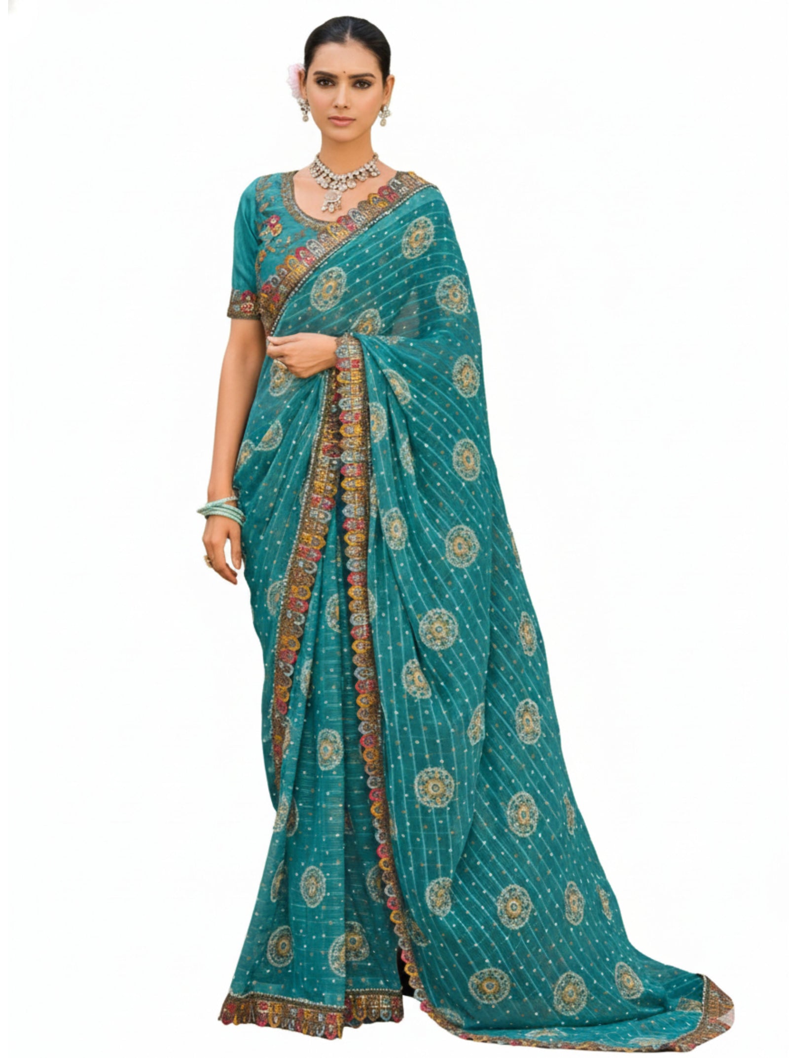 Georgette Saree with Embroidered border & Blouse (Teal)