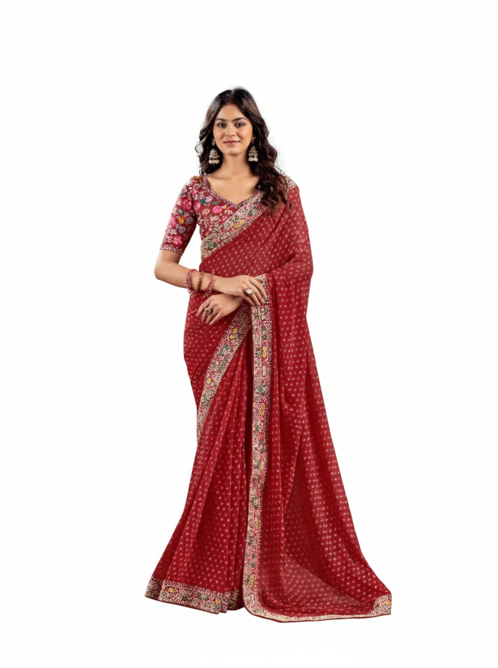Heavy Raw Silk Saree with Embroidered Blouse (Red)