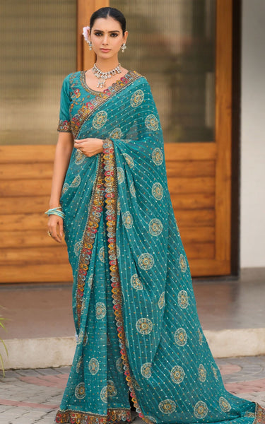 Georgette Saree with Embroidered border & Blouse (Teal)