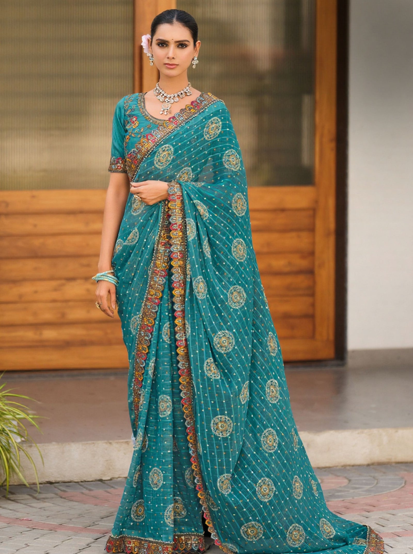 Georgette Saree with Embroidered border & Blouse (Teal)