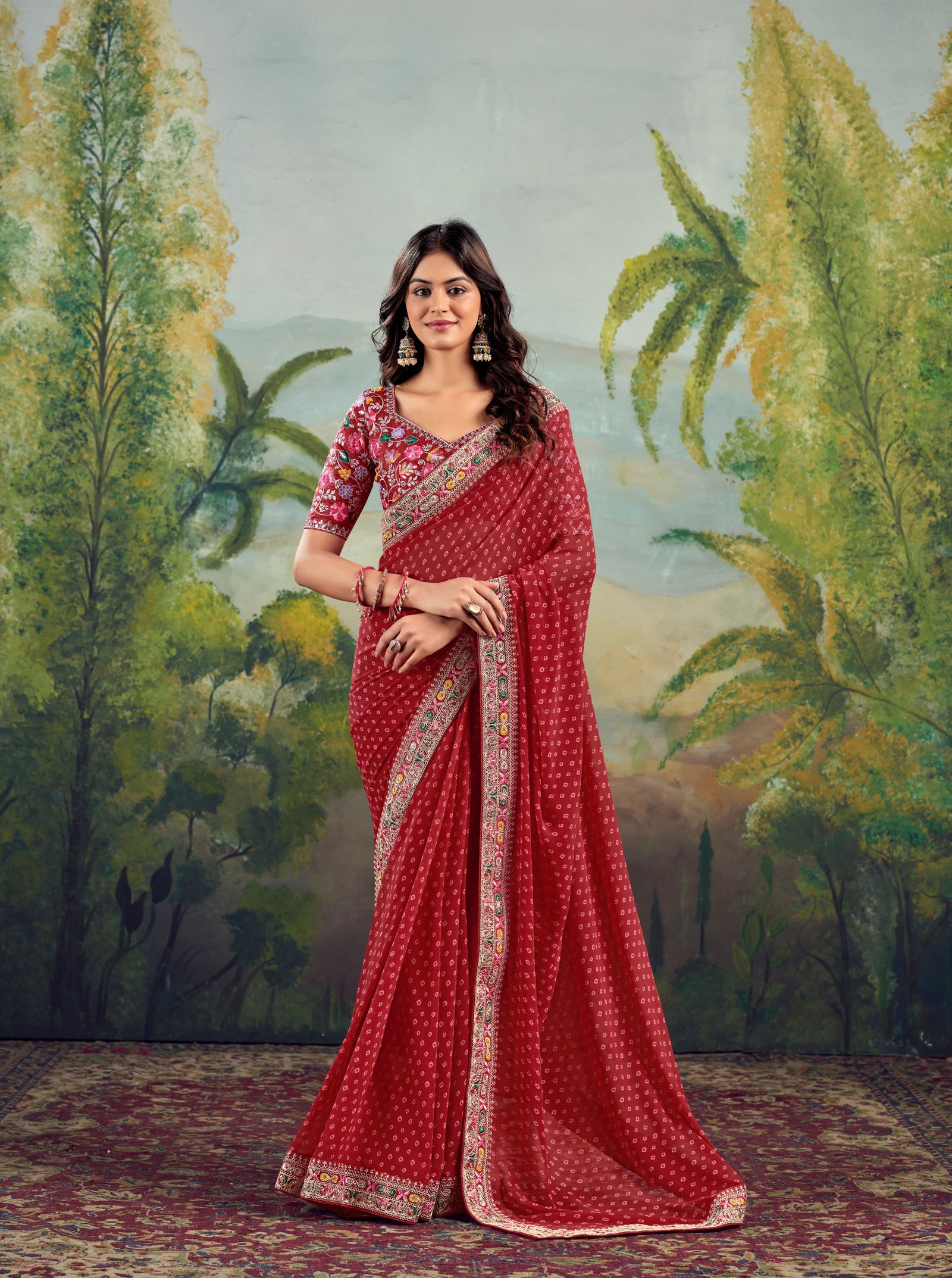 Heavy Raw Silk Saree with Embroidered Blouse (Red)