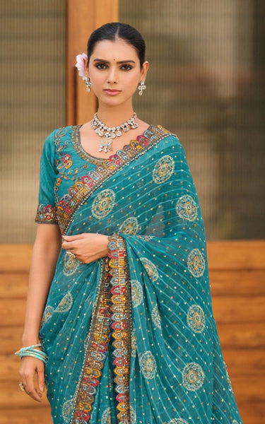 Georgette Saree with Embroidered border & Blouse (Teal)