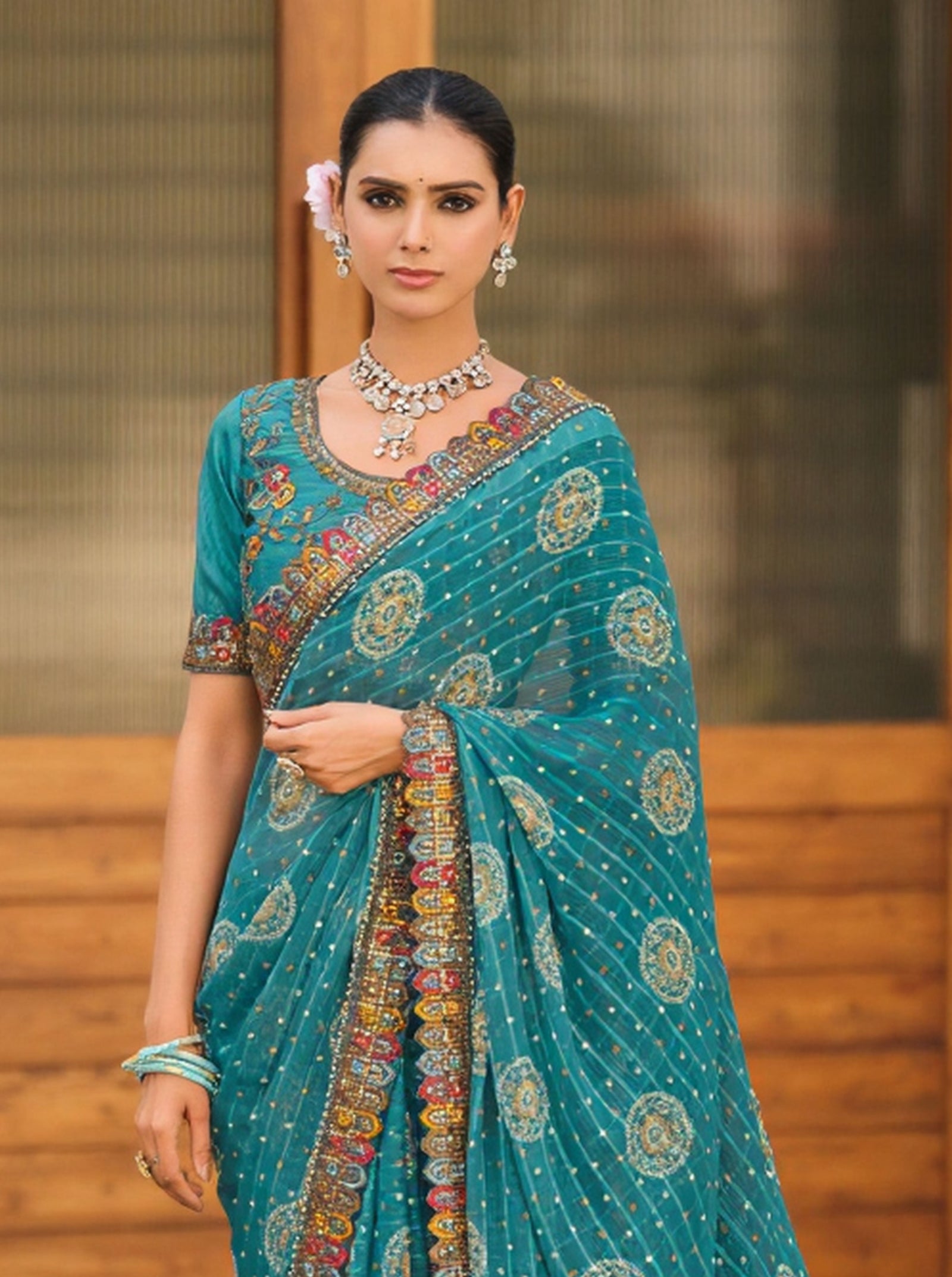 Georgette Saree with Embroidered border & Blouse (Teal)