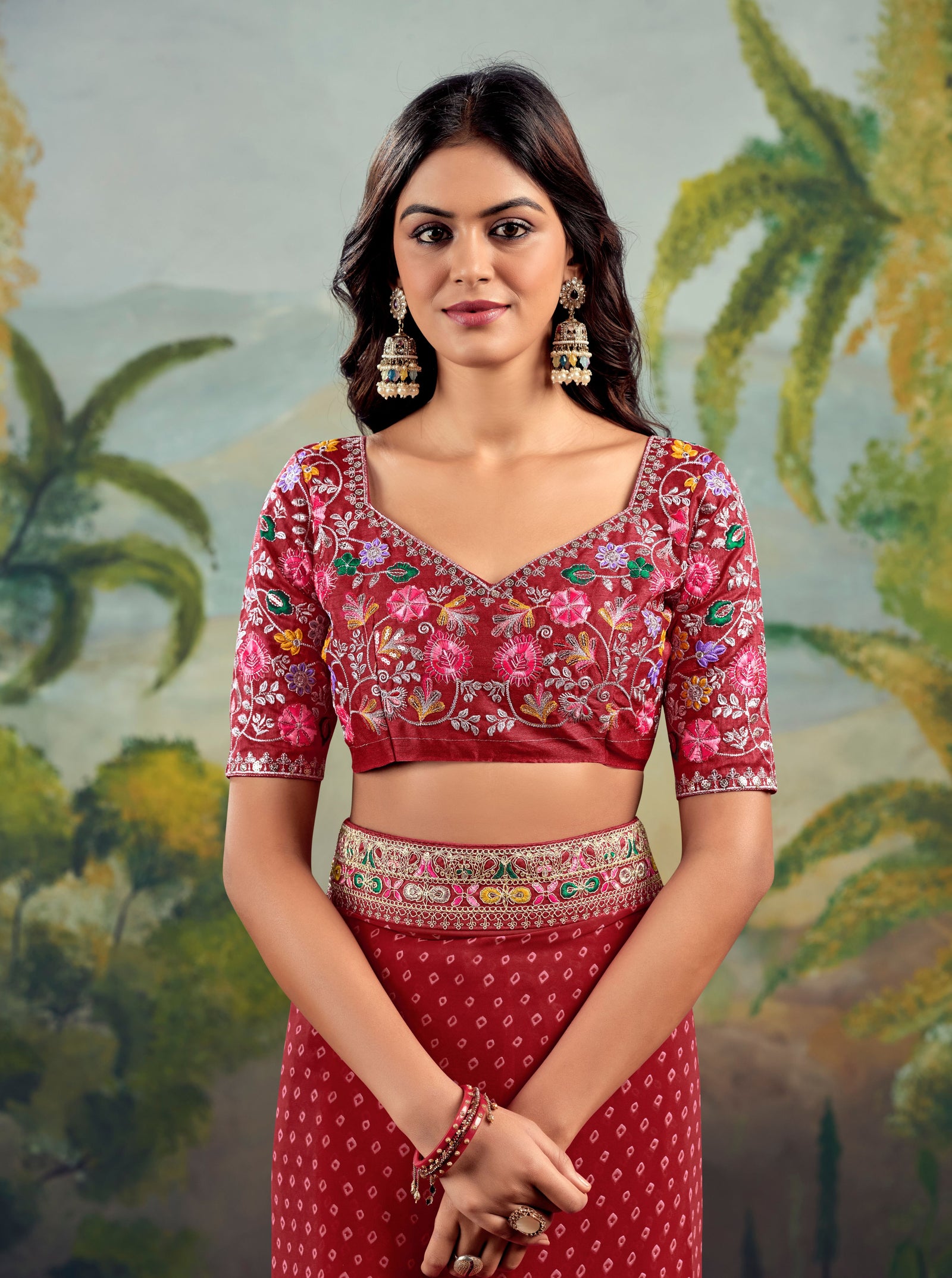 Heavy Raw Silk Saree with Embroidered Blouse (Red)