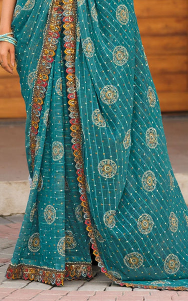 Georgette Saree with Embroidered border & Blouse (Teal)