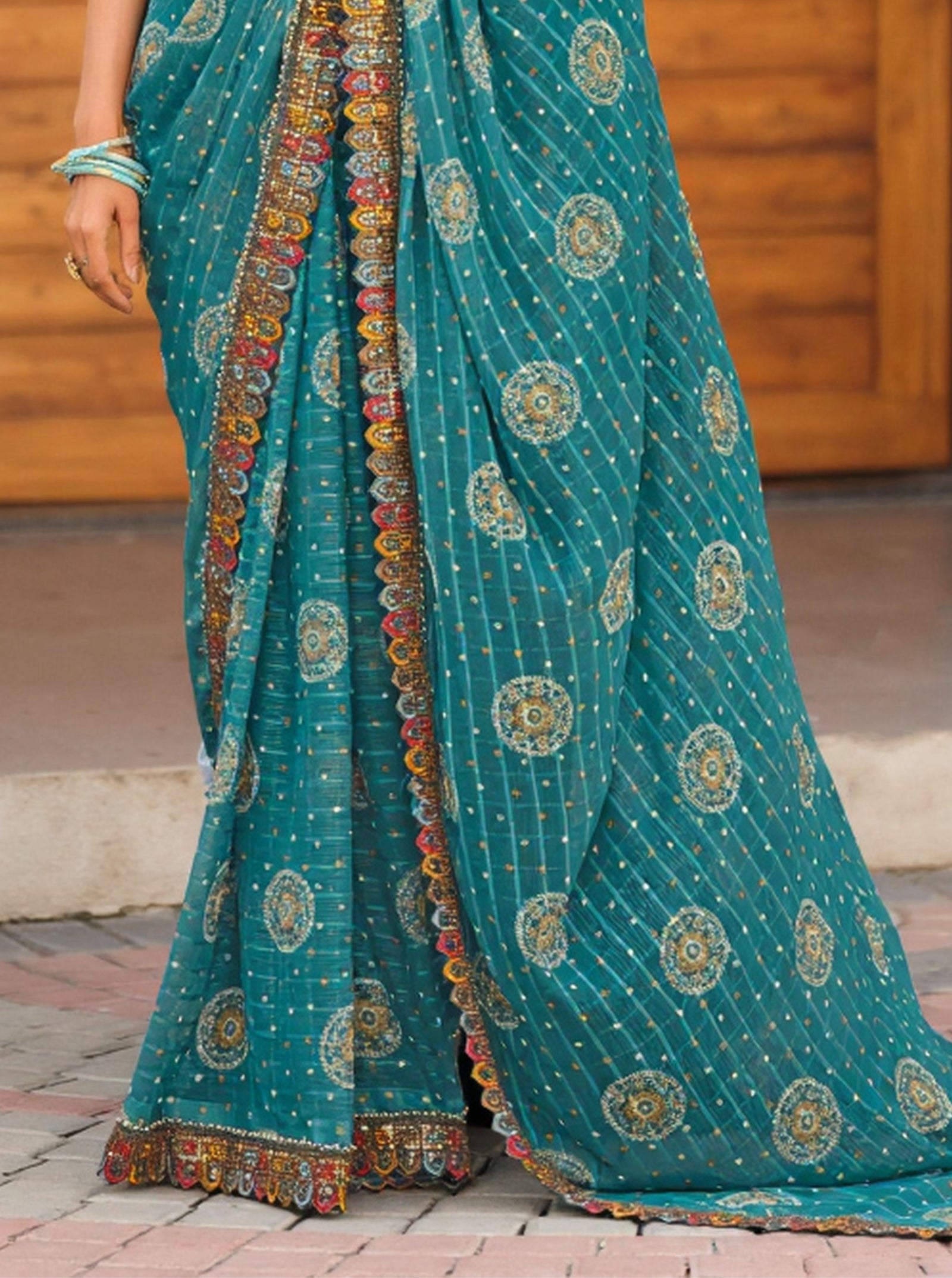 Georgette Saree with Embroidered border & Blouse (Teal)