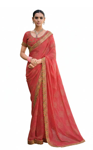 Georgette Saree with Embroidered border & Blouse (Brick Red)