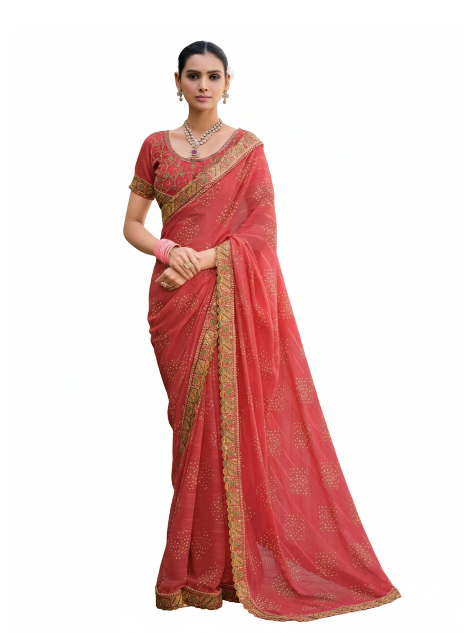 Georgette Saree with Embroidered border & Blouse (Brick Red)