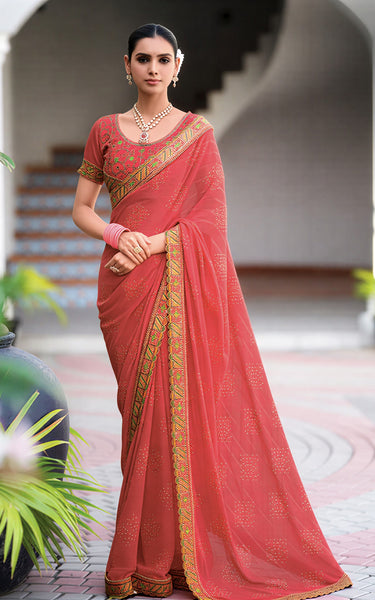 Georgette Saree with Embroidered border & Blouse (Brick Red)