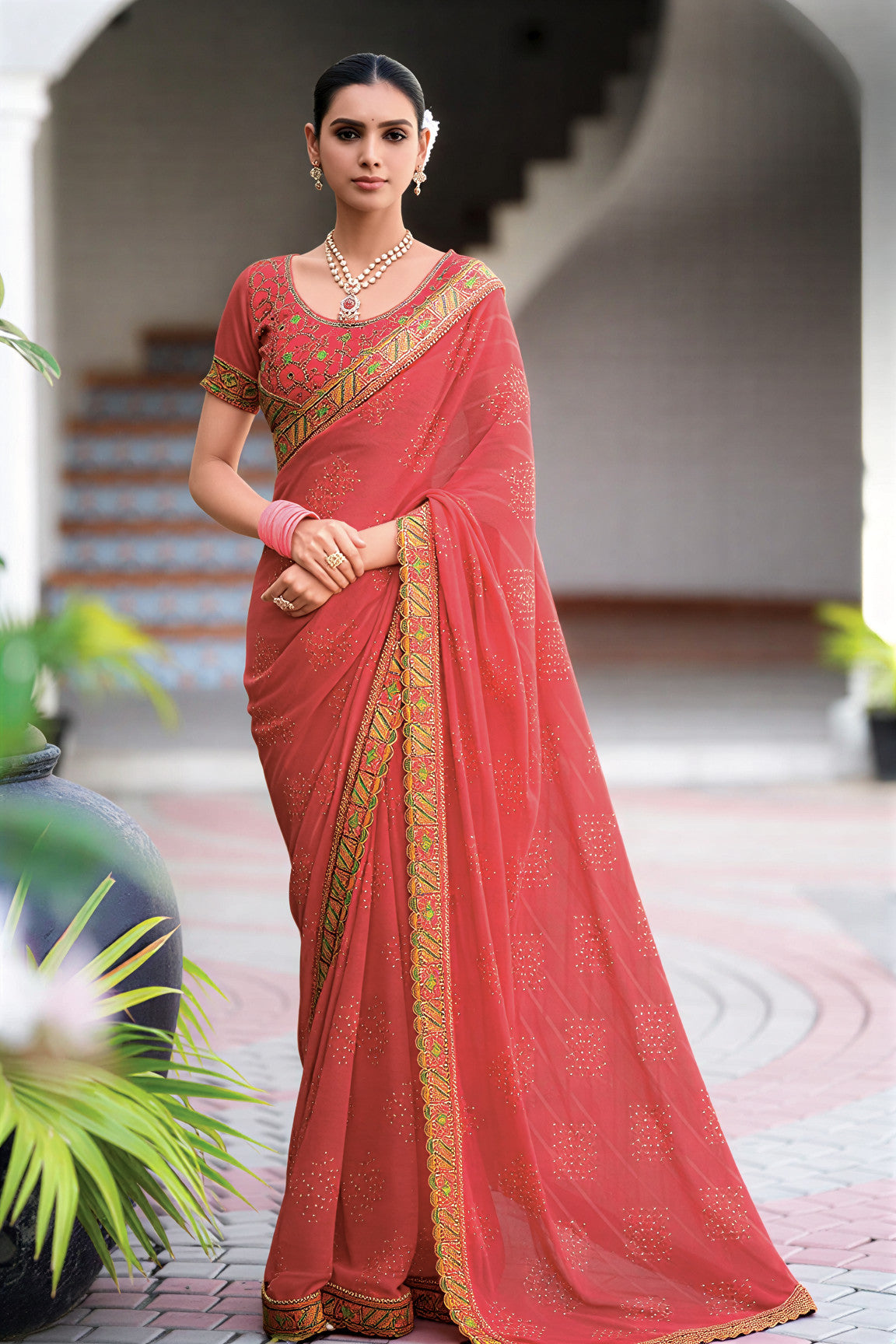 Georgette Saree with Embroidered border & Blouse (Brick Red)