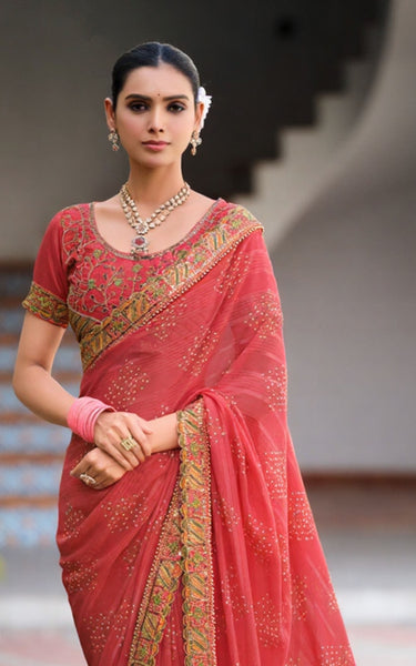 Georgette Saree with Embroidered border & Blouse (Brick Red)