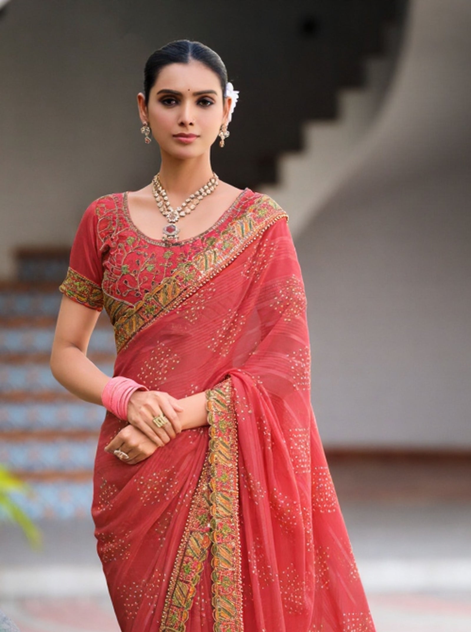 Georgette Saree with Embroidered border & Blouse (Brick Red)