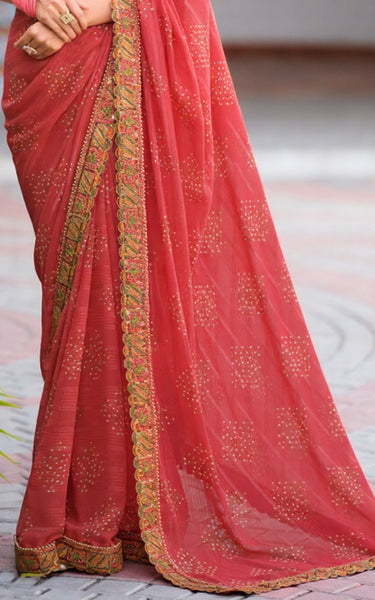 Georgette Saree with Embroidered border & Blouse (Brick Red)