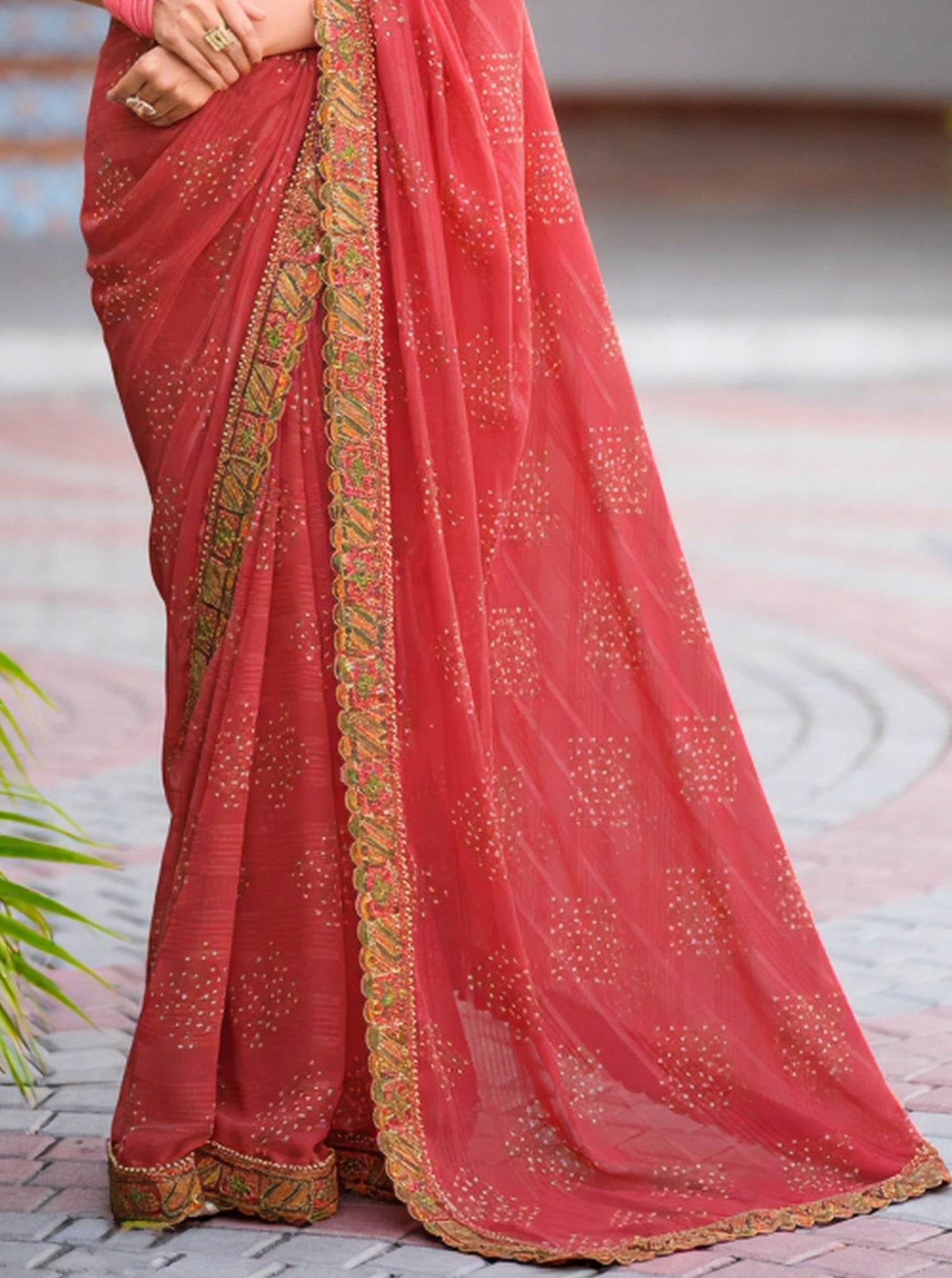 Georgette Saree with Embroidered border & Blouse (Brick Red)