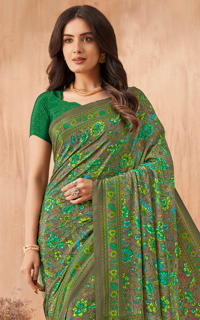 Flower Multi-Coloured Printed, Pure Italian Crape Saree (Green)