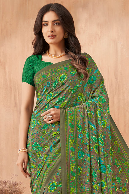 Flower Multi-Coloured Printed, Pure Italian Crape Saree (Green)