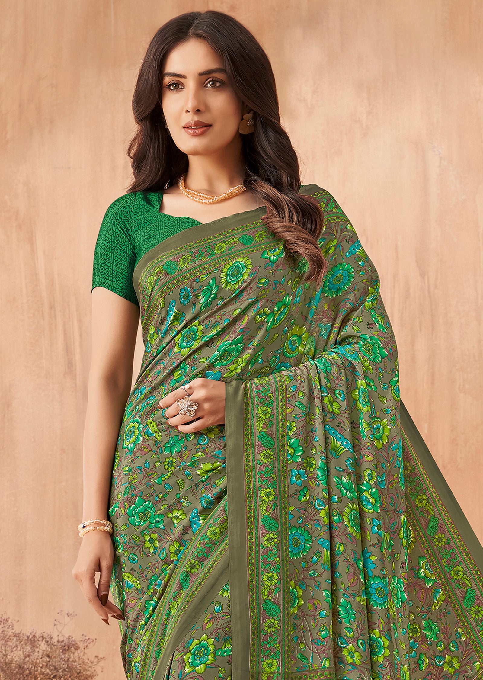 Multi-Coloured Flower Print Pure Italian Crape Saree (Green)