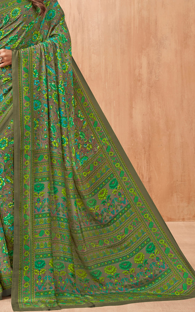 Flower Multi-Coloured Printed, Pure Italian Crape Saree (Green)