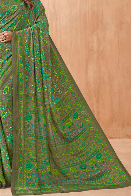 Flower Multi-Coloured Printed, Pure Italian Crape Saree (Green)