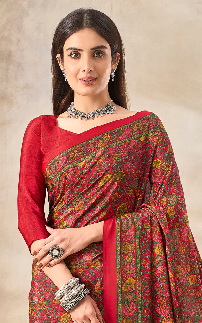 Flower Multi-Coloured Printed, Pure Italian Crape Saree (Red)