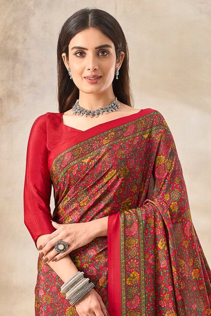 Flower Multi-Coloured Printed, Pure Italian Crape Saree (Red)