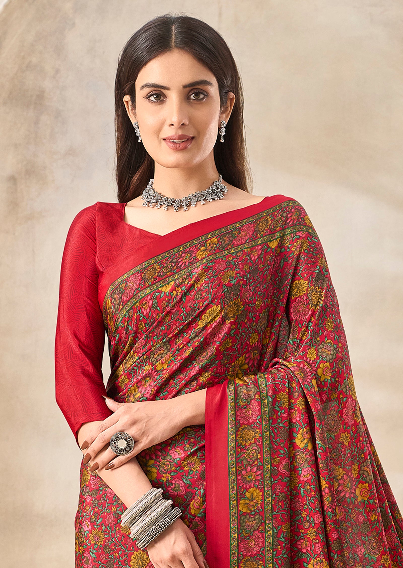 Multi-Coloured Flower Print Pure Italian Crape Saree (Red)