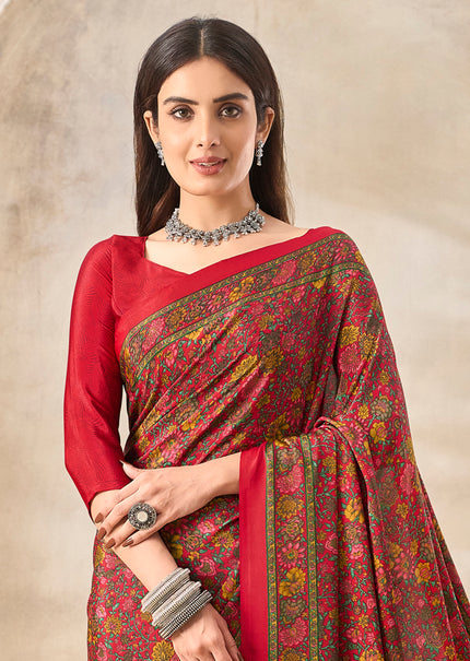 Flower Multi-Coloured Printed, Pure Italian Crape Saree (Red)
