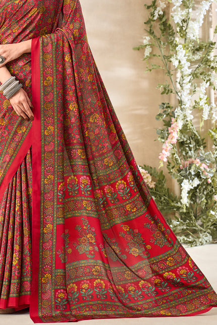 Flower Multi-Coloured Printed, Pure Italian Crape Saree (Red)